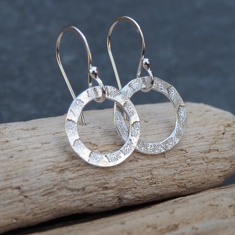 Silver Daisy Chain Hoop Dangle Earrings, Silver Flower Hoops, Drop Earrings, ARC