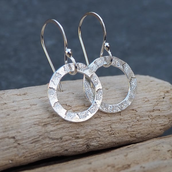 Silver Daisy Chain Hoop Dangle Earrings, Silver Flower Hoops, Drop Earrings, ARC