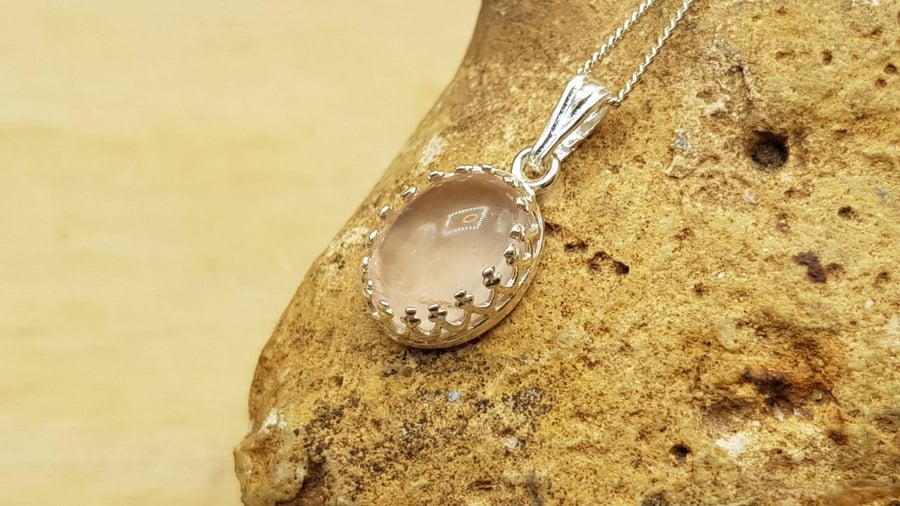 Tiny oval pink Rose Quartz pendant necklace. January Birthstone. 