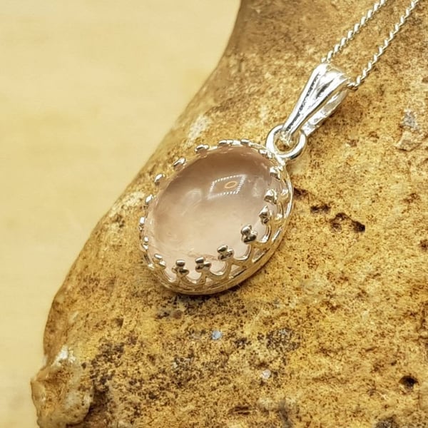 Tiny oval pink Rose Quartz pendant necklace. January Birthstone. 