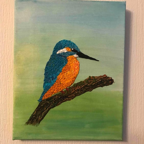 Hand embroidery kingfisher picture on canvas 