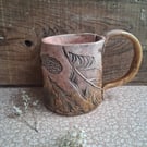 Birds feather coffee mug ceramic pottery tea cup, Pink and Ochre