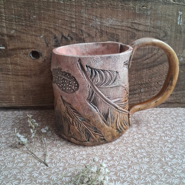 Birds feather coffee mug ceramic pottery tea cup, Pink and Ochre