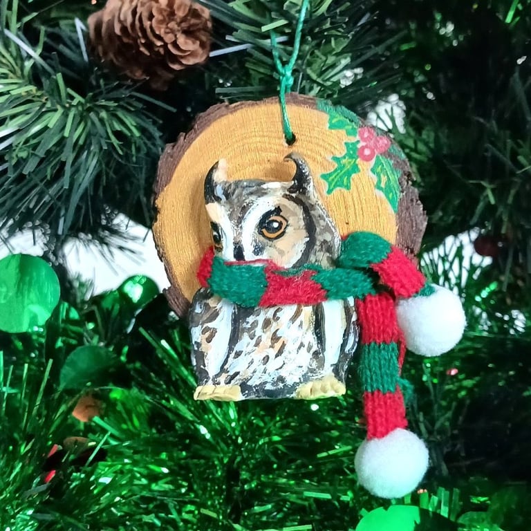 Long-eared Owl with fabric scarf Christmas tree decoration.  