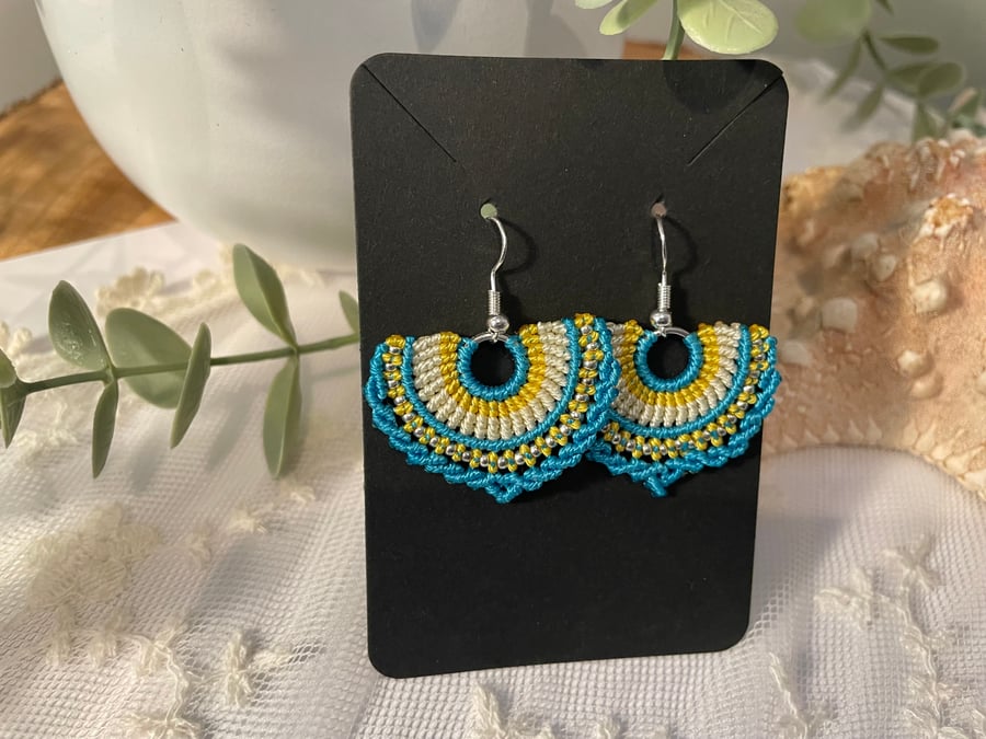 Earrings, Dangle fan shape macrame boho beaded earrings 