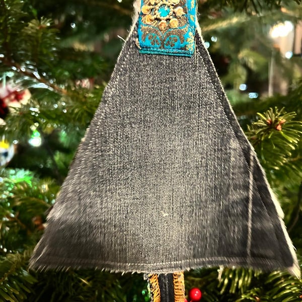 Handmade Christmas Tree Hanging Decoration - Preloved denim