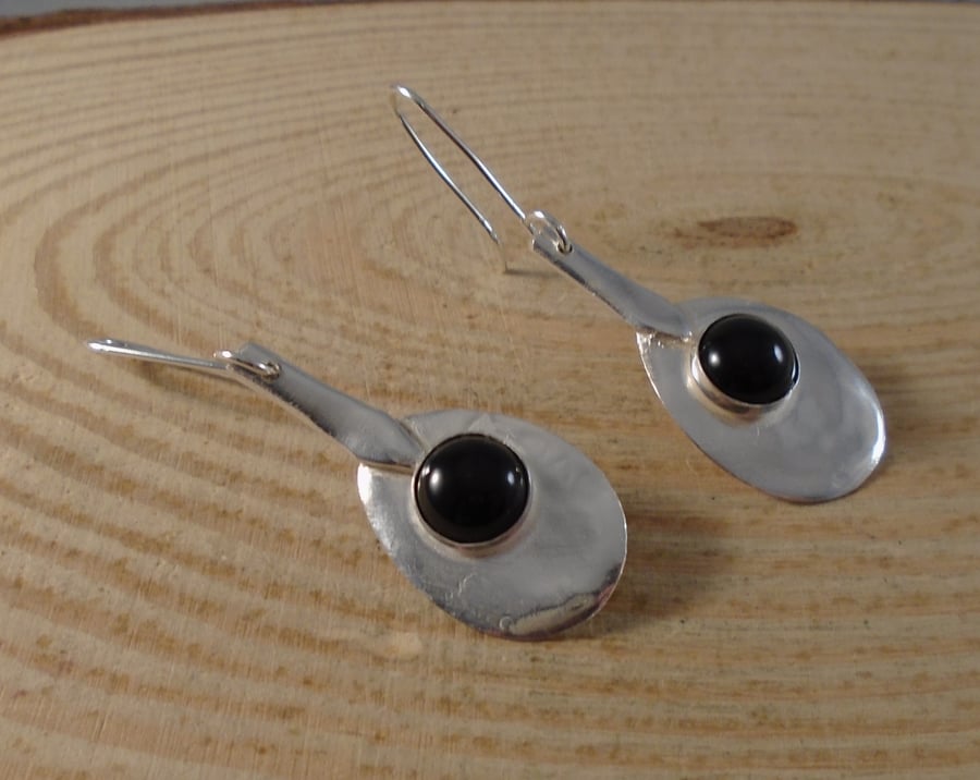 Sterling Silver Upcycled Sugar Tong Spoon Drop Earrings with Onyx Cabochon