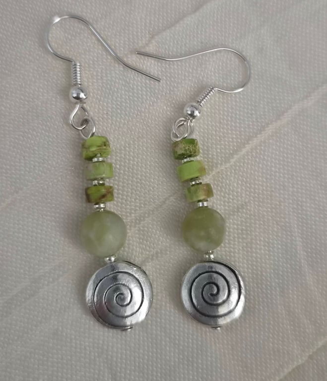 Boho Pale Green with Silver Swirl Accent Drop Earrings on Silver Hooks