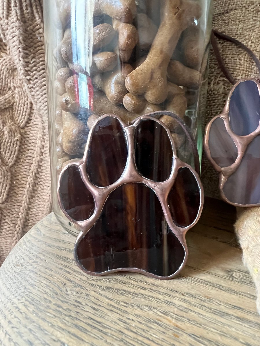 Stained glass paw decoration in chocolate Labrador brown - pet celebration gift