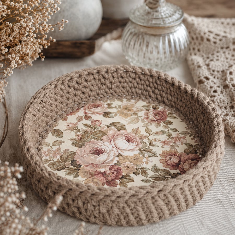 Handmade Crochet Basket, Floral Decoupage Bottom, Vintage Style Storage 20x7 cm