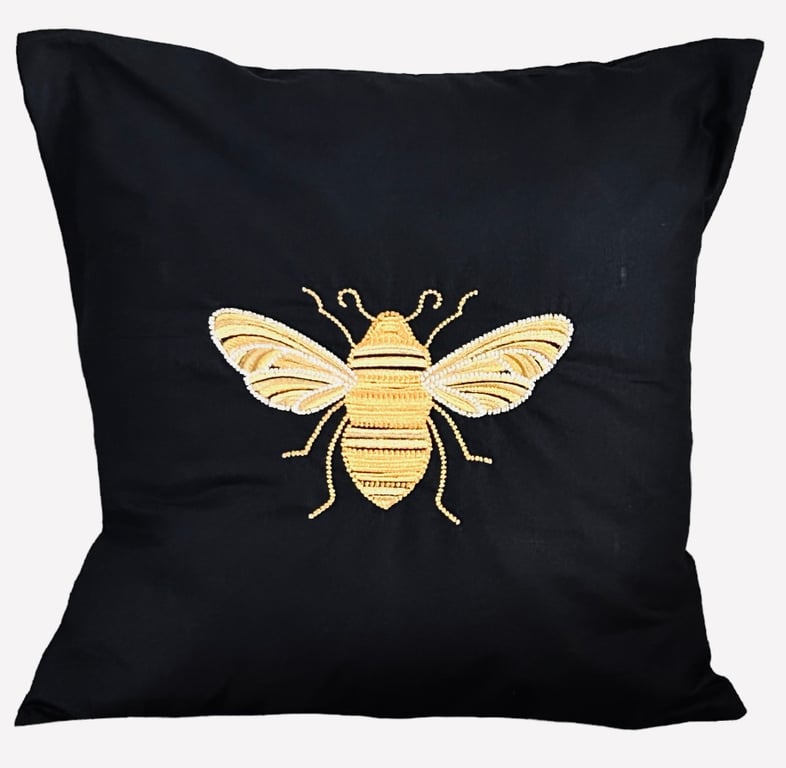Ornate Gold Bee Embroidered Cushion Cover BLACK 16”x16”