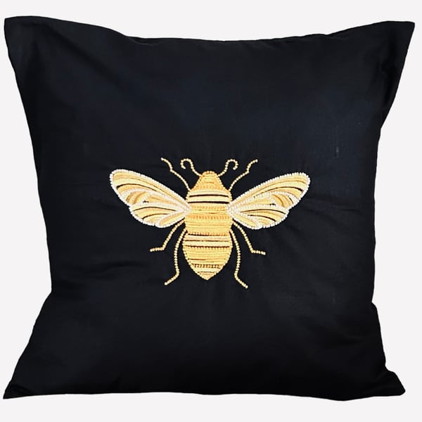 Ornate Gold Bee Embroidered Cushion Cover BLACK 16”x16”