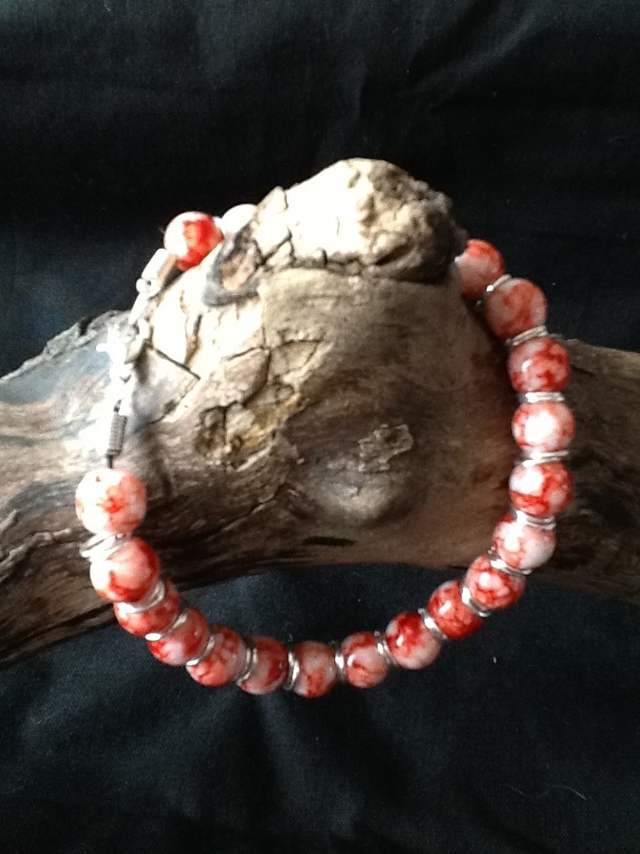 Red veined glass bead and jump ring bracelet Folksy