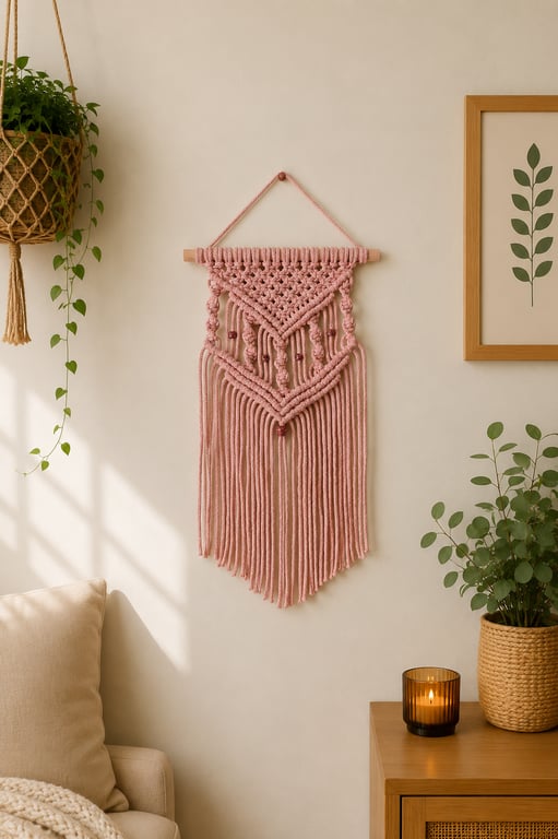 Handmade Peach Pink Macramé Wall Hanging - Boho Cotton Wall Decor.