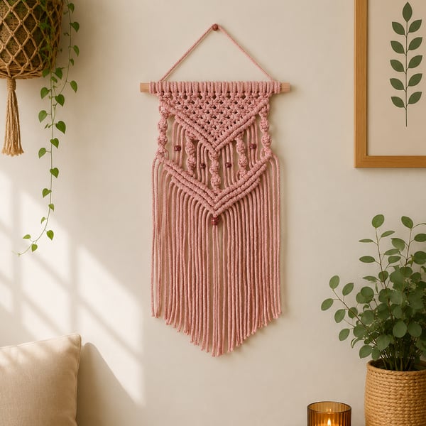 Handmade Peach Pink Macramé Wall Hanging - Boho Cotton Wall Decor.