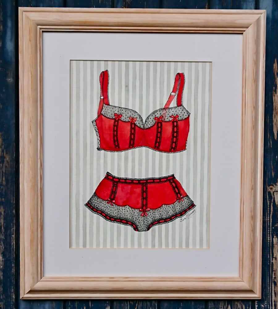 Red and black sexy bra and knickers watercolour painting
