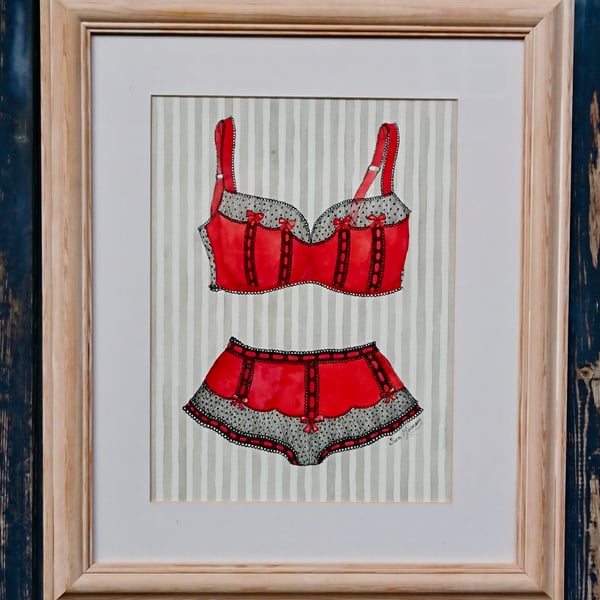Red and black sexy bra and knickers watercolour painting