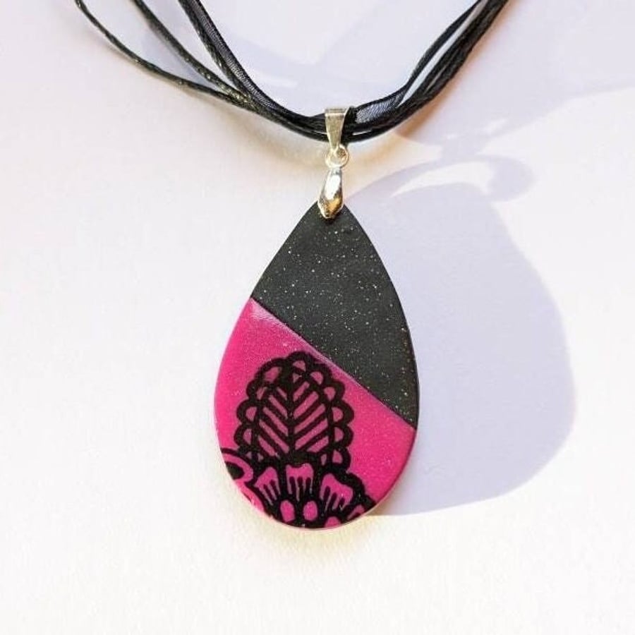 Pink and Black pendant, Teardrop shape necklace with mandala leaf design