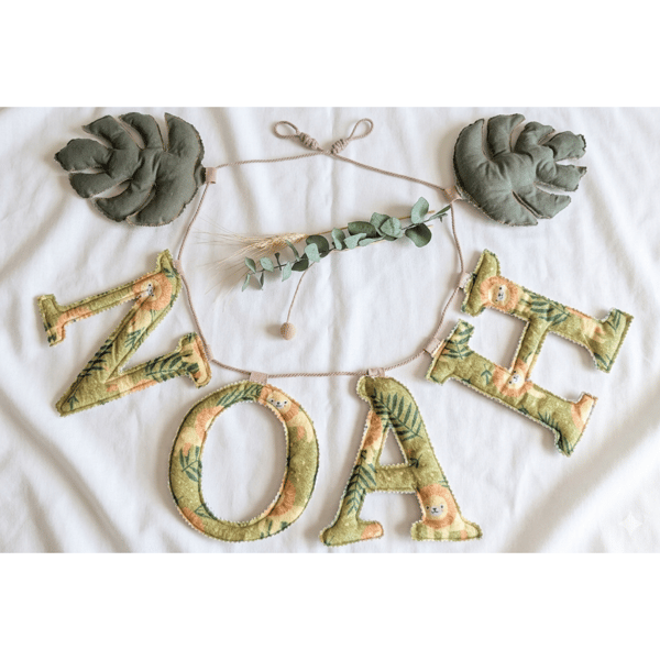 Personalised Safari Name Garland - Monstera Leaf Jungle Nursery Heirloom Gift