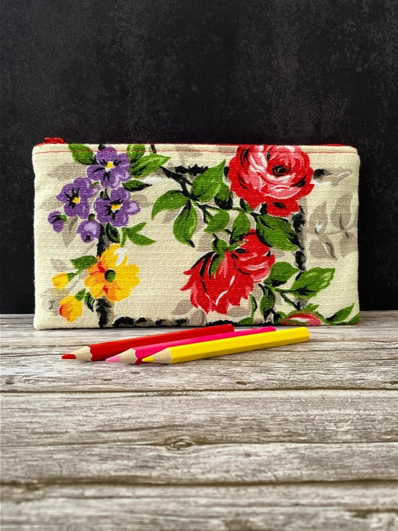 Pencil Case made from Rare 1940s Vintage Barkcloth Fabric, Red