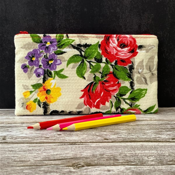 Pencil Case made from Rare 1940s Vintage Barkcloth Fabric, Red