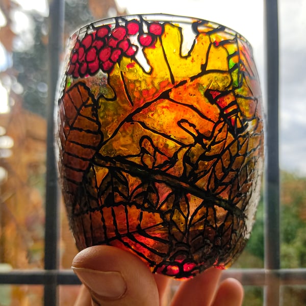 Stained glass effect handmade glass painted candle holder with autumn leaves 