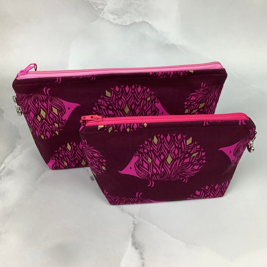 Hedgehog makeup bag, Pink zip bag, 2 size options, Handmade