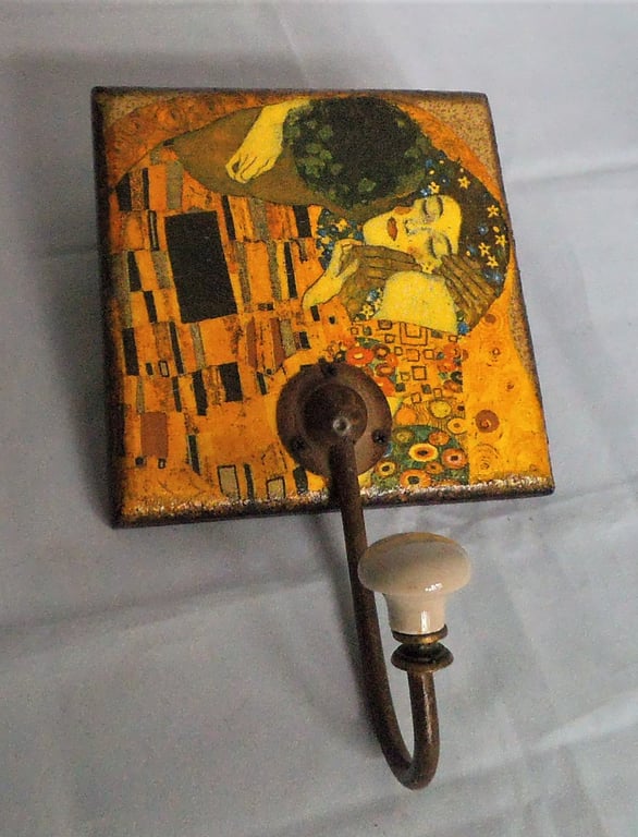 Decorated Wall Hook Klimt Kiss Decoupage Ceramic Knob Napkin Decoupage Unusual