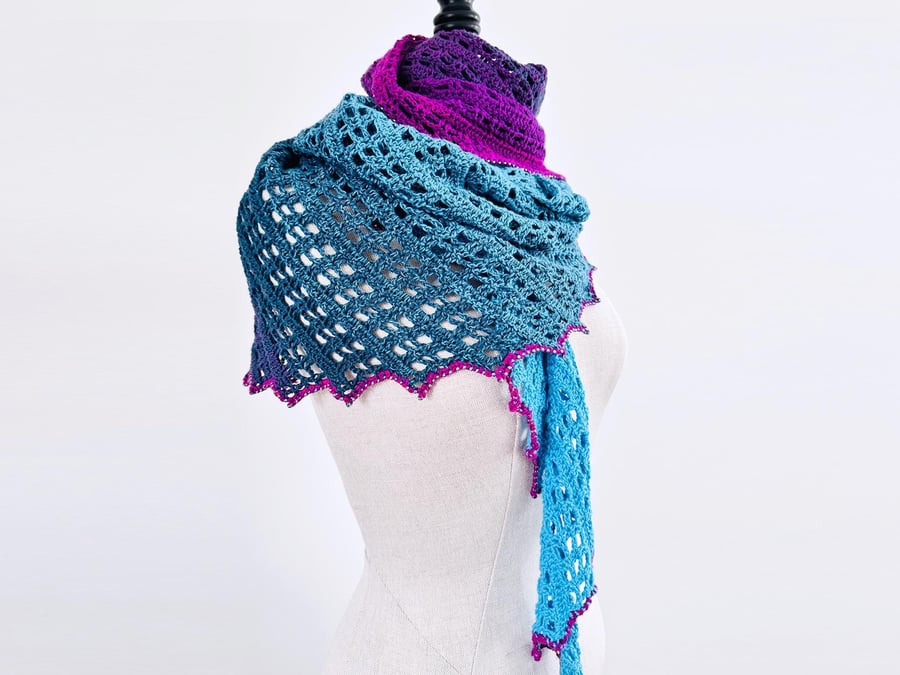 Asymetrical Beaded Crochet Shawl - Teal, Turquoise and Purple