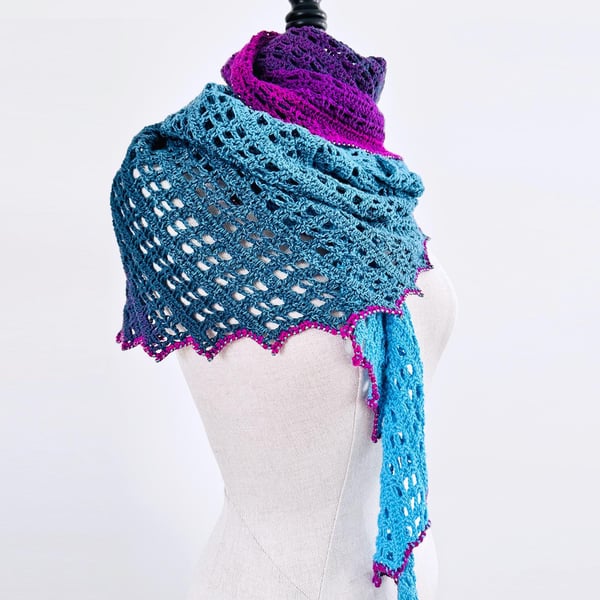Asymetrical Beaded Crochet Shawl - Teal, Turquoise and Purple