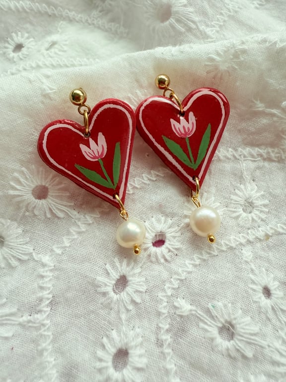 Pink Tulip Red Heart Earrings, Hand Painted - FREE SHIPPING