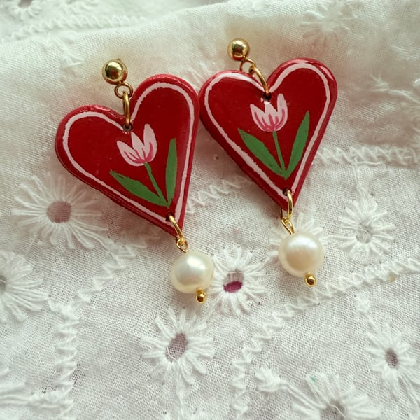 Pink Tulip Red Heart Earrings, Hand Painted - FREE SHIPPING