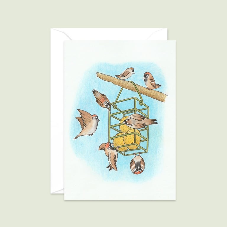 Garden Sparrows Greeting Card: Original Pencil Illustration (208)