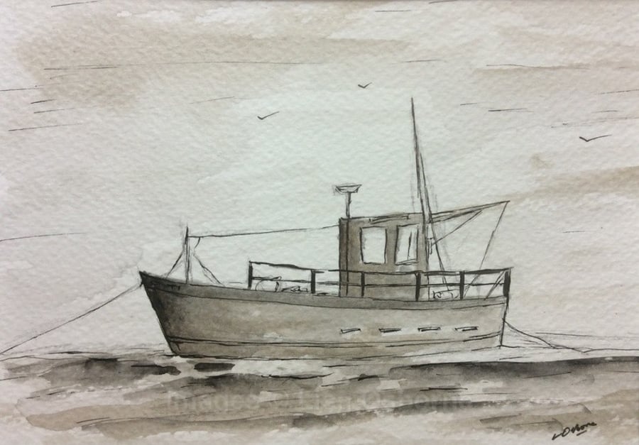 Low tide - fishing boat original pen and ink