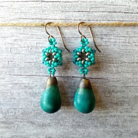 Turquoise and Teal Ceramic Beaded Drop Earrings