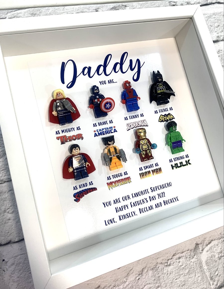 Framed Minifigures - Personalised Superhero Gift- Fathers Day Frame