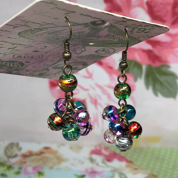 Rainbow foil glass cluster earrings