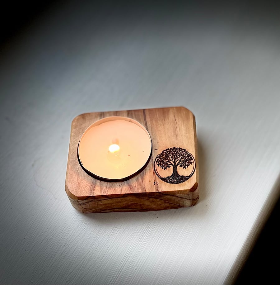 Tea light holder, candle holder, olive wood, tree of life 