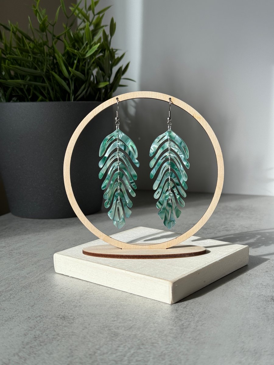 Green and Pearlescent Feather Leaf Earrings 