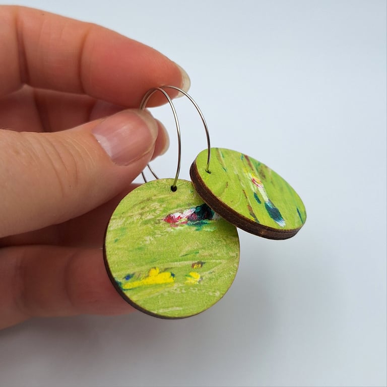 Lime green wooden disc earrings with red, pink, white, yellow and green