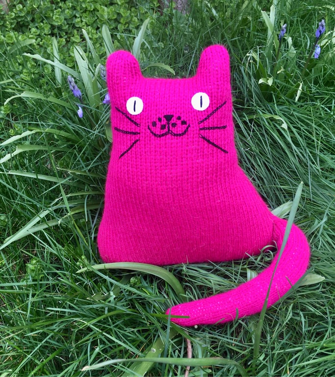 Mohair pink knitted cat cushion,  gift for  a cat lady