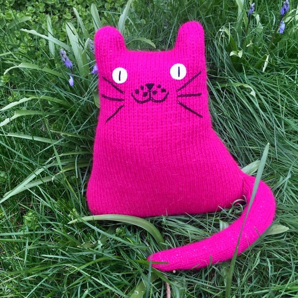 Mohair pink knitted cat cushion,  gift for  a cat lady