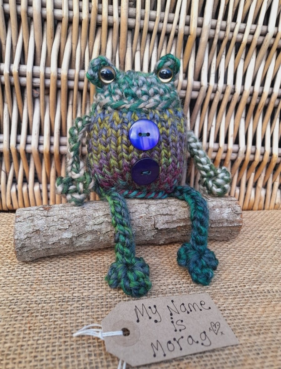 Handmade Knitted Frog named Morag – One of a Kind Frog Ornament Whimsical Gift