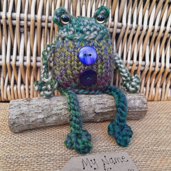 Handmade Knitted Frog named Morag – One of a Kind Frog Ornament Whimsical Gift