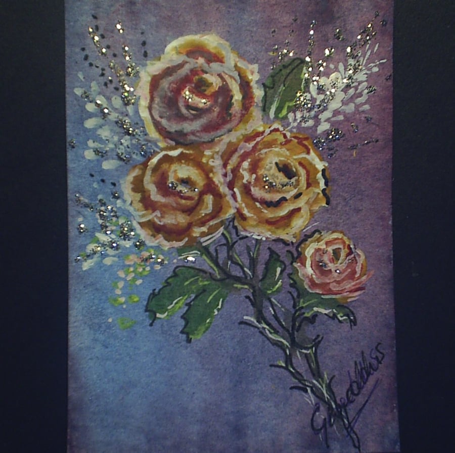 aceo SFA original miniature watercolour painting peach roses