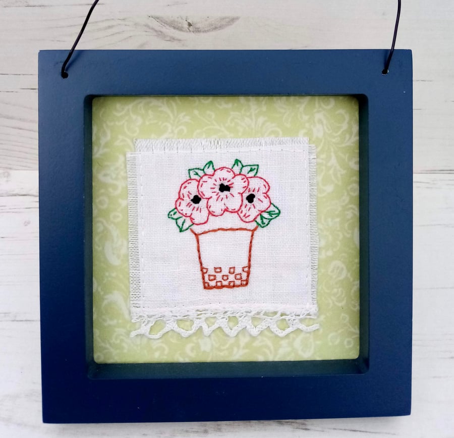 Hand Embroidered Flowerpot Picture With Poppies Seconds Sunday
