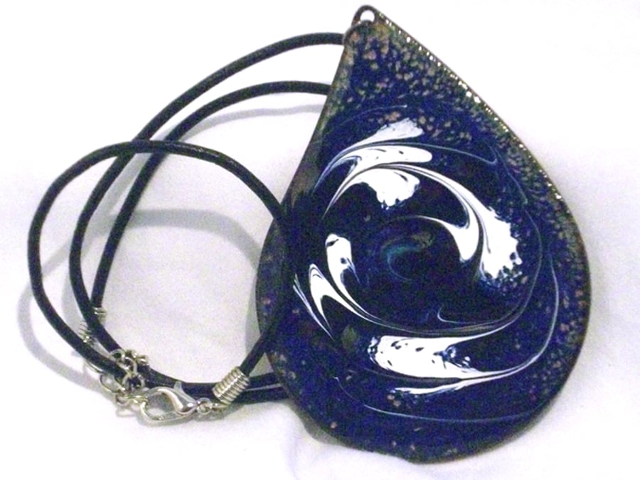 large teardrop pendant - scrolled white on deep blue over clear enamel