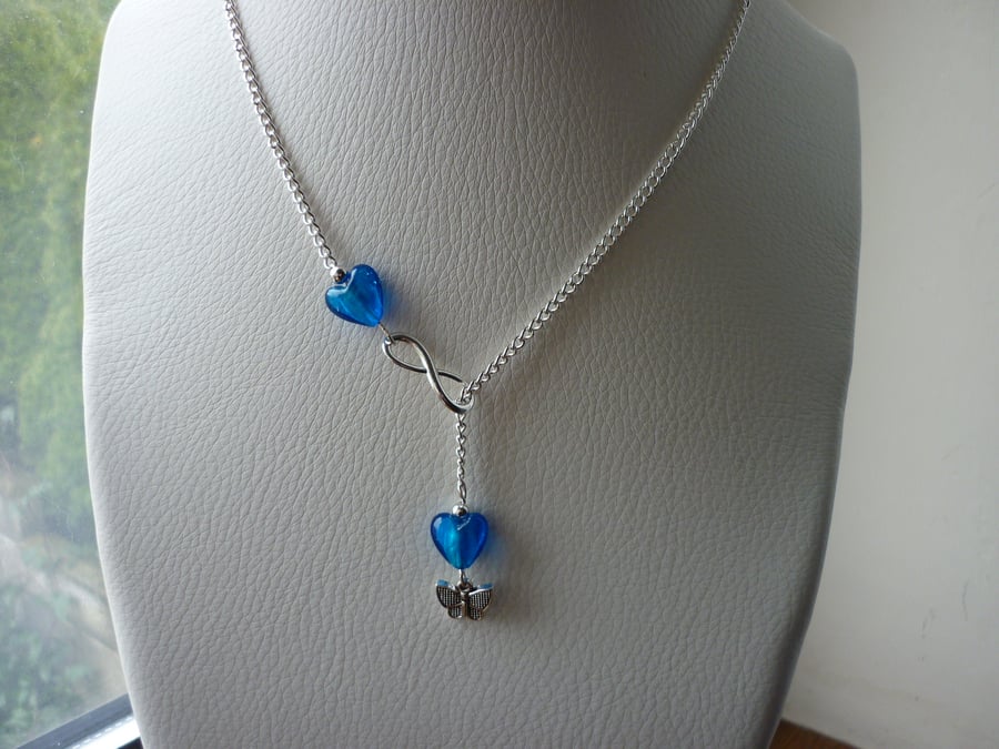 BLUE AND SILVER - LARIAT DESIGN INFINITY HEART NECKLACE.