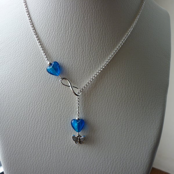 BLUE AND SILVER - LARIAT DESIGN INFINITY HEART NECKLACE.