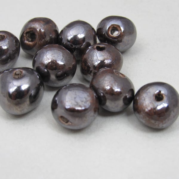 10 Small Bronze Glazed Ceramic Beads